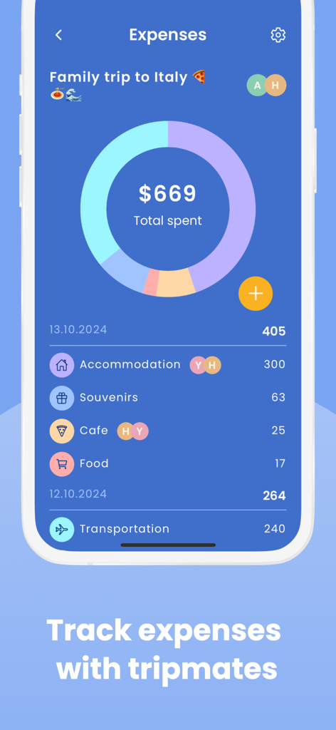 Trippy - Travel Manager - A mobile screen showing travel expense tracking and shared costs with tripmates