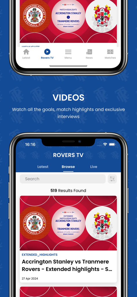 Tranmere Rovers FC - Aplicativo oficial do Tranmere Rovers FC mostrando a seção Rovers TV com destaques de jogos e vídeos
