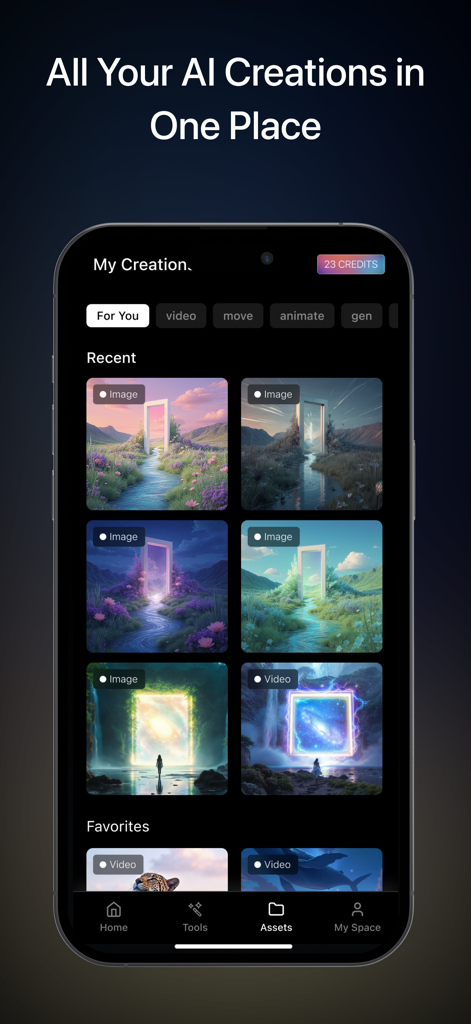 AI Video Maker - ChromaStudio - A gallery view of AI generated photos and videos in the ChromaStudio app interface