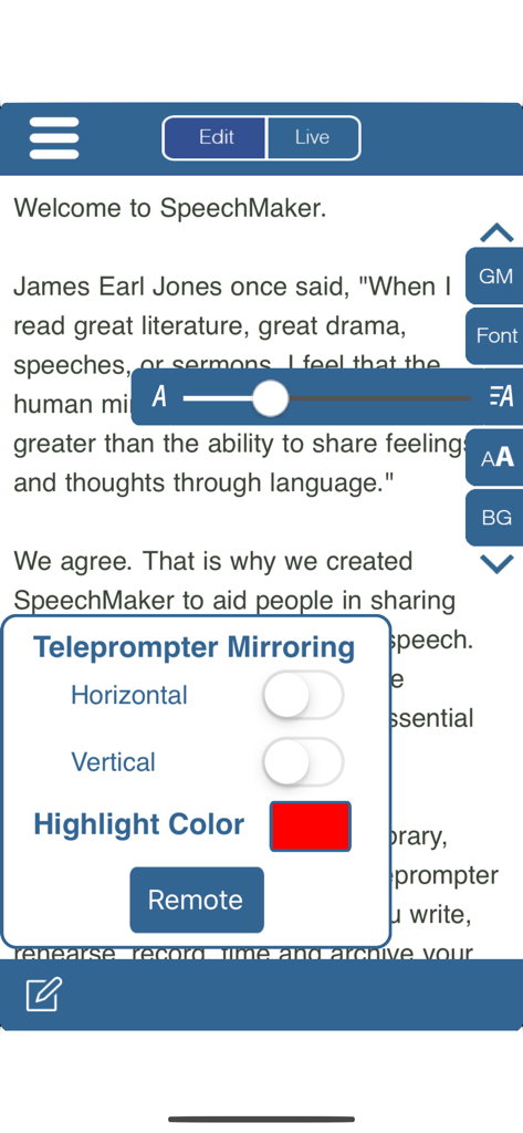 Interface de l'application SpeechMaker montrant les paramètres de mise en miroir du prompteur et le réglage de la taille de la police sur un projet de discours.