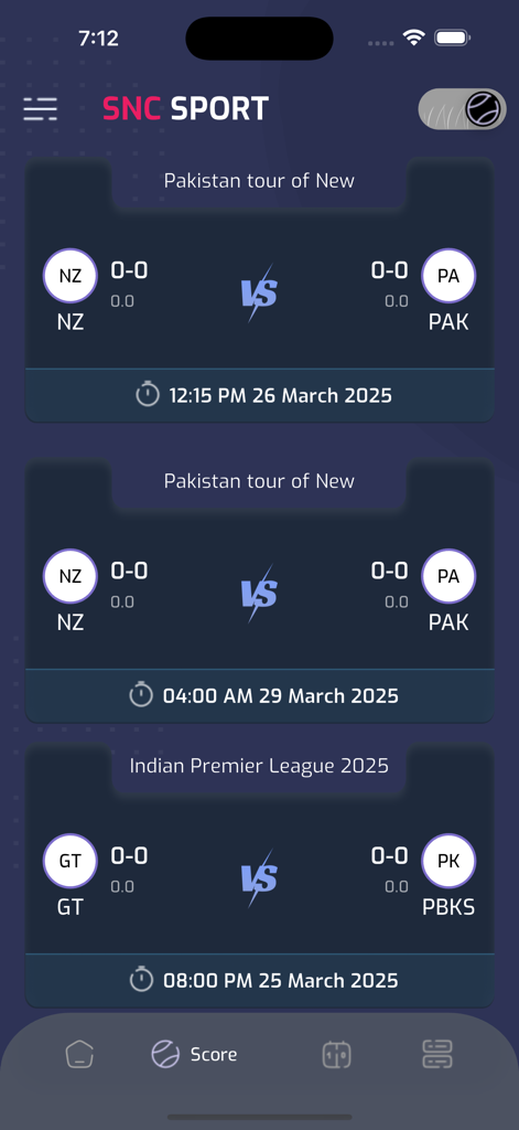SNC Sport App Benutzeroberfläche mit anstehenden Cricketspielplänen für IPL und internationale Touren.
