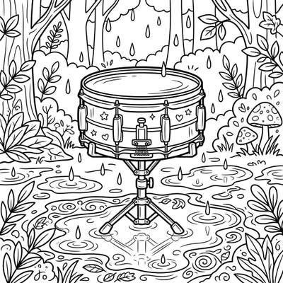 Immerse yourself in a whimsical rainy forest where a snare drum awaits your artistic touch. This delightful coloring page combines the charm of music with the tranquility of nature.