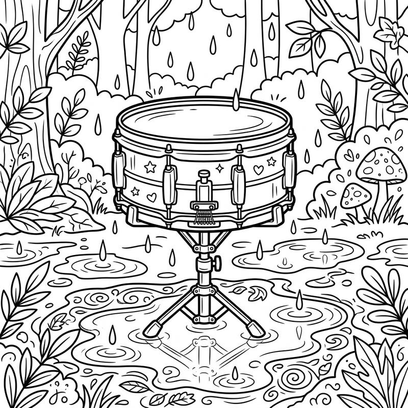 Immerse yourself in a whimsical rainy forest where a snare drum awaits your artistic touch. This delightful coloring page combines the charm of music with the tranquility of nature.