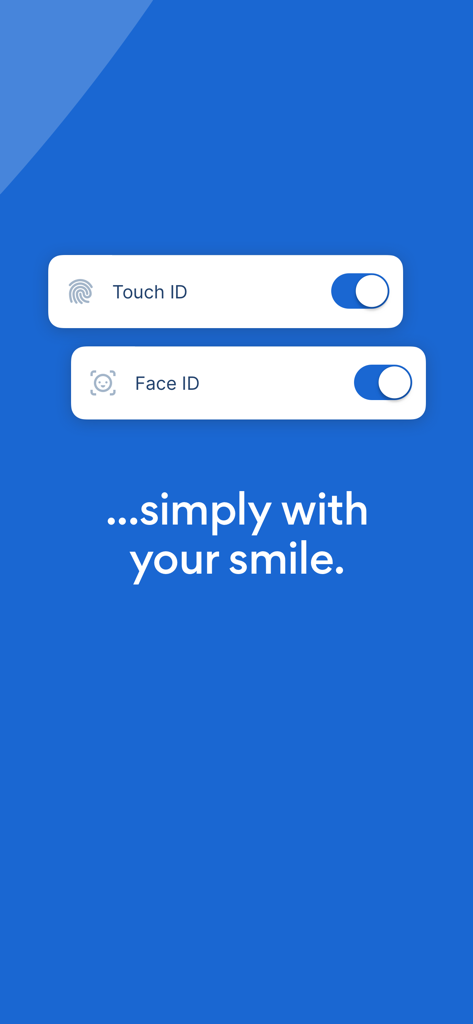 Pantalla de la aplicación s Identity que muestra los interruptores de activación de Touch ID y Face ID para inicio de sesión y firma seguros