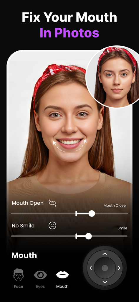 Expression Editor - Reshot AI - Interface of the Reshot AI app showing the mouth and smile editing feature on a portrait photo