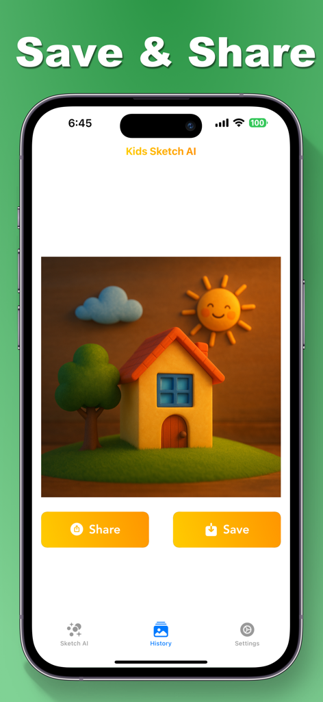 Kids Sketch AI: Drawing to Art - Un teléfono móvil mostrando la interfaz de la aplicación Kids Sketch AI con una ilustración 3D generada por IA de una casa y botones para guardar y compartir la obra de arte.
