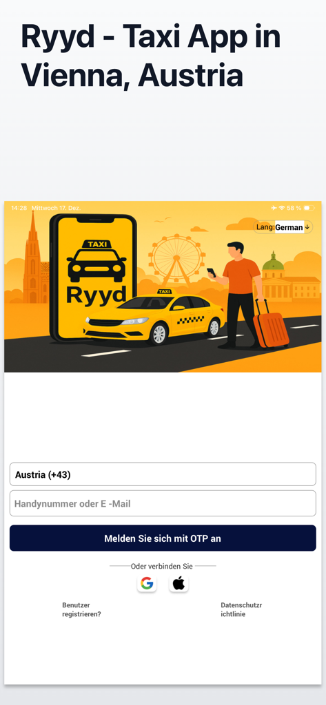 Ryyd Taxi Booking Vienna - Login screen for Ryyd taxi app in Vienna featuring a yellow taxi illustration and login form