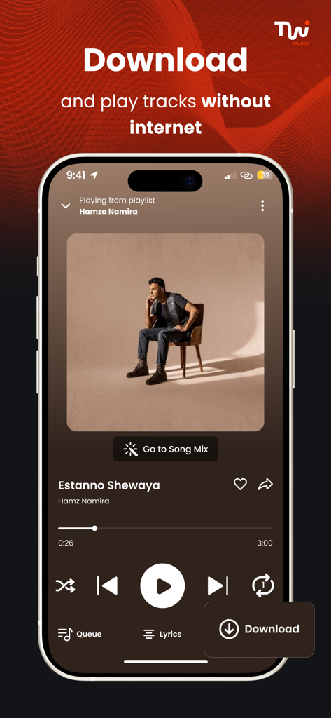 Pantalla del reproductor de Twist Music con un botón de descarga para escuchar sin conexión