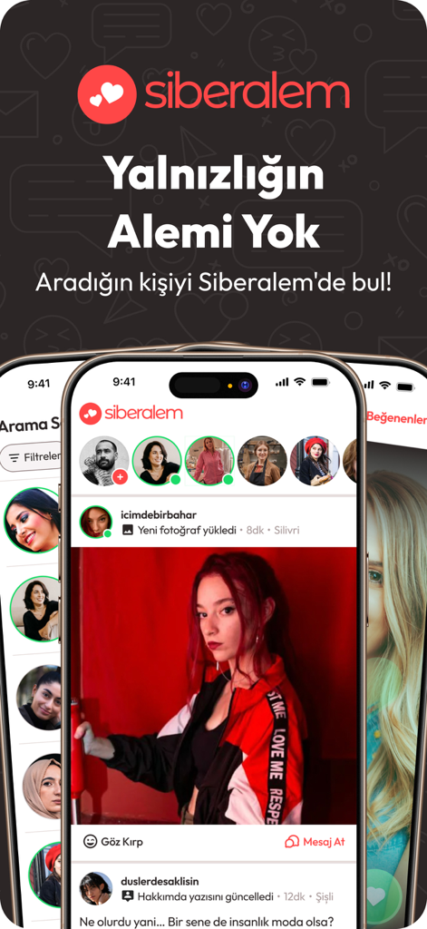 トルコ系デーティングのためのユーザープロフィールとディスカバリーフィードを表示するSiberalemモバイルアプリのインターフェース