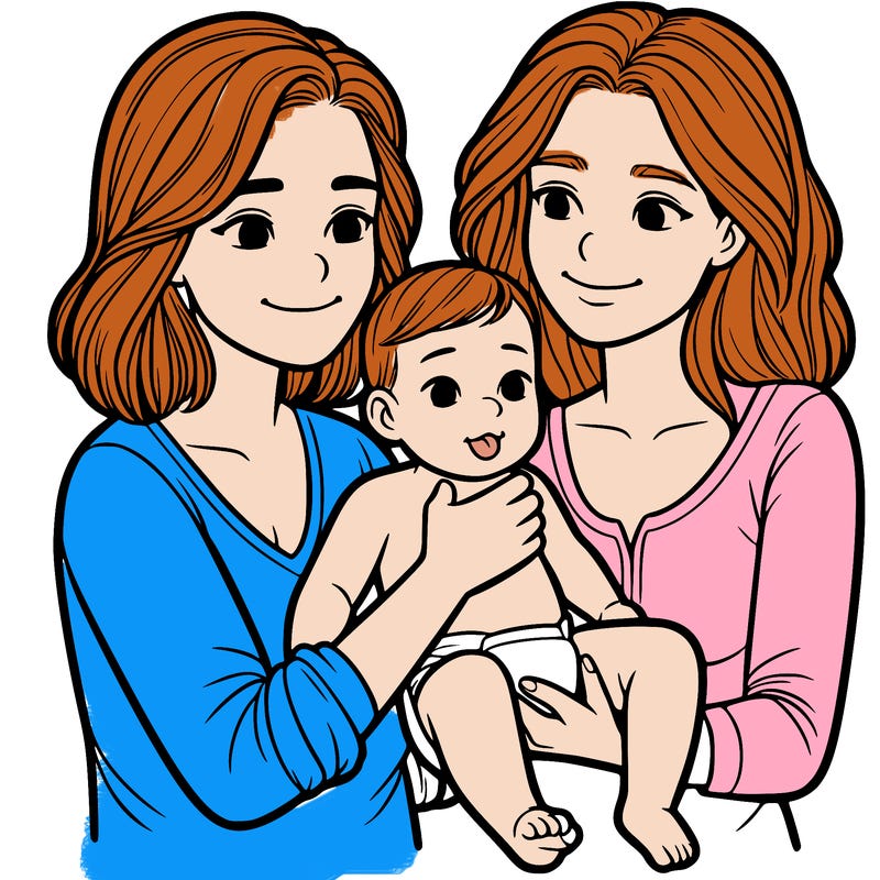 two realistic women holding one baby together