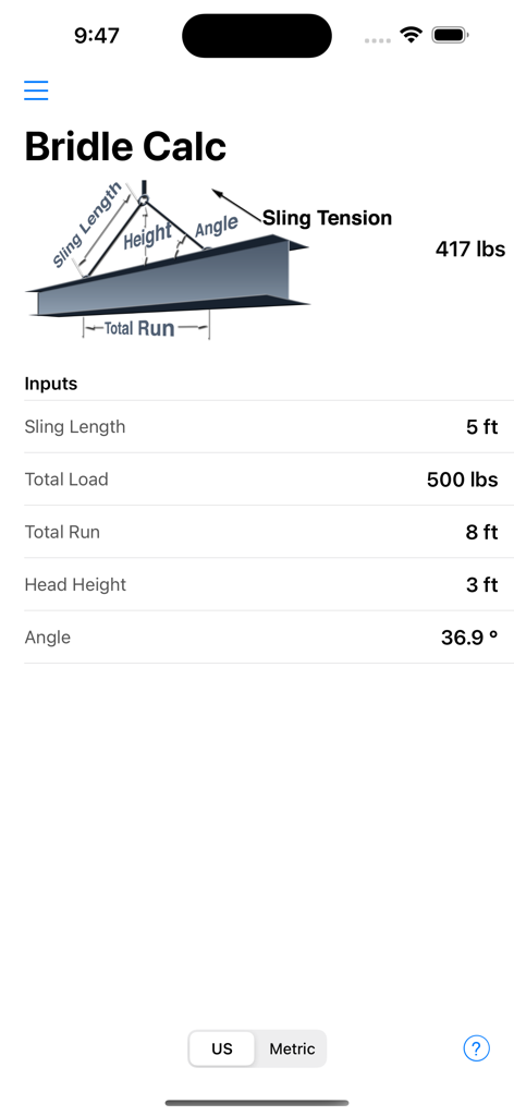 Rigger Ref - Interface of the Rigger Ref app displaying a bridle calculation for rigging safety