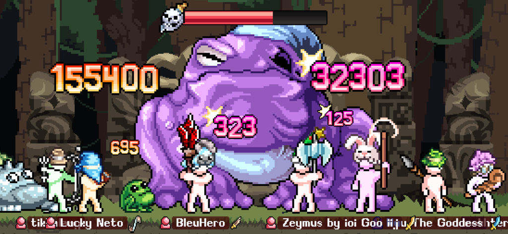 Mehrere Pixel-Art-Charaktere greifen einen riesigen violetten Frosch-Boss in IdleOn Idle RPG an