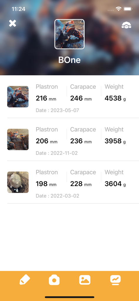 A growth tracking screen for a tortoise showing historical records of weight and shell measurements with dates and photos