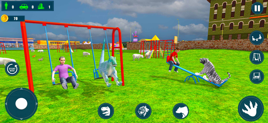 A blue dinosaur sitting on a swing and a white tiger playing on a seesaw in a 3D park environment