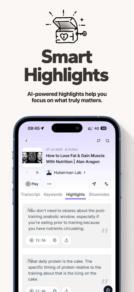 Podwise mobile app interface showing AI-powered smart highlights and key quotes from a Huberman Lab podcast episode.