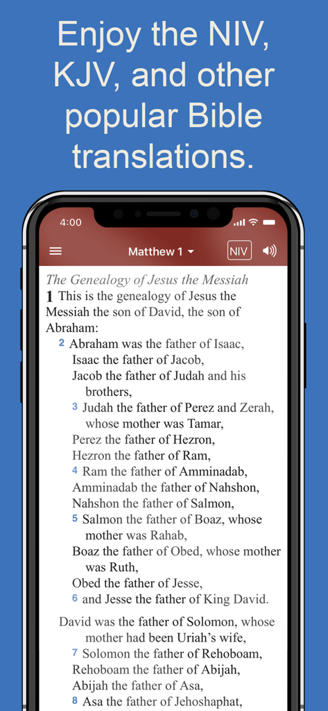 Interfaz de la aplicación Bible Gateway que muestra el texto de la traducción de la Biblia NIV en la pantalla de un iPhone.