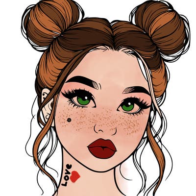 realistic girl with two buns on her hair and lips