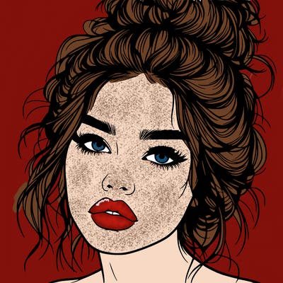 realistic girl with lips and hair in a messy bun