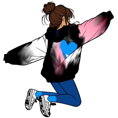 realistic girl jumping with a bun and oversized sweatshirt