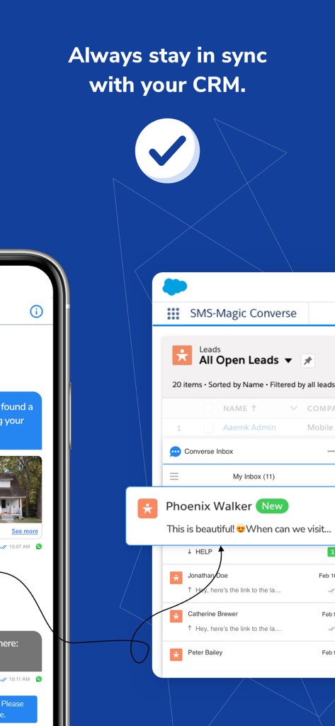 Interfaz de la aplicación móvil SMS-Magic que demuestra la sincronización en tiempo real con un panel de clientes potenciales de Salesforce CRM.