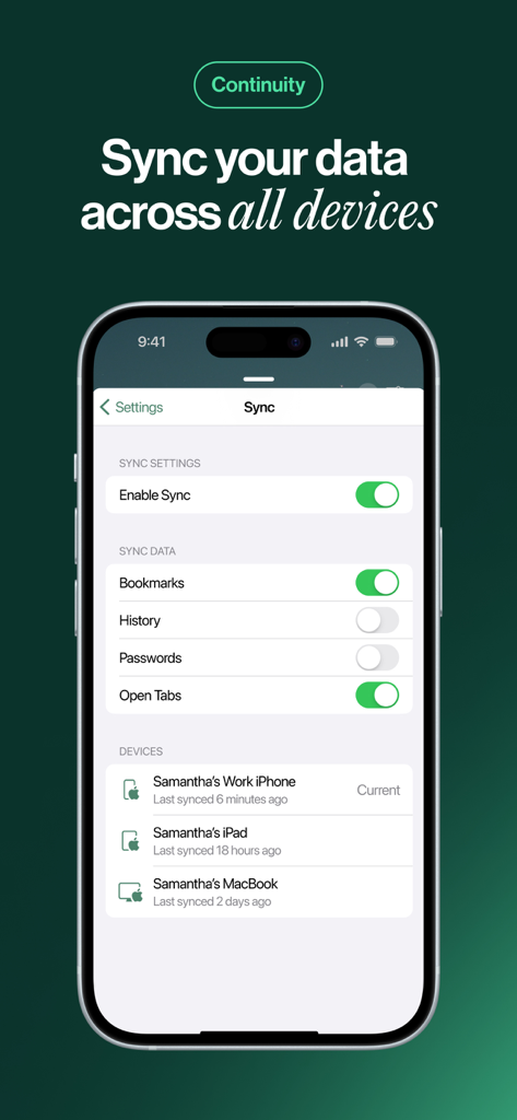 Island Enterprise Browser sync settings screen showing data synchronization across iPhone iPad and MacBook