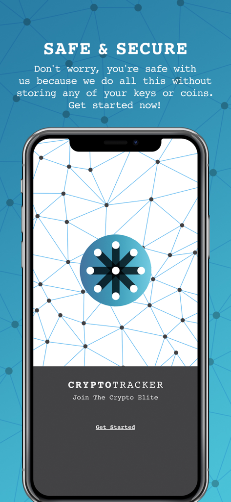 Crypto Tracker & Portfolio - Pantalla de bienvenida de la aplicación Rastreador de Criptomonedas destacando sus características de seguridad.