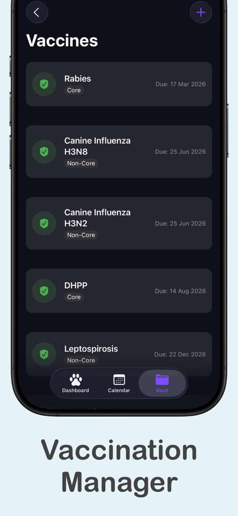 PetLog: AI Health Tracker - PetLog app interface showing a list of pet vaccinations including Rabies and Canine Influenza with their upcoming due dates.