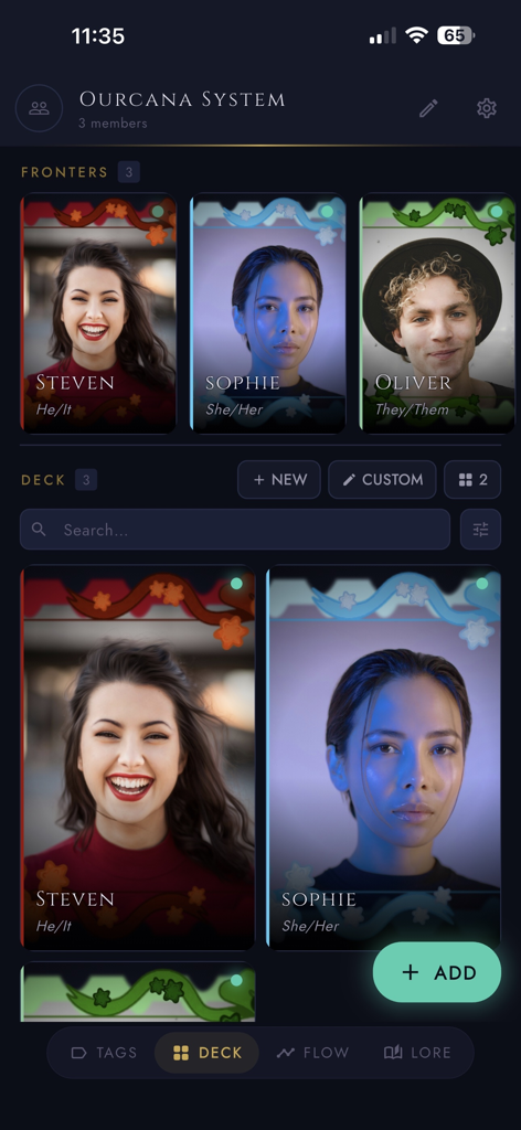 Mobile interface of the Ourcana app showing character cards for system members including names and pronouns in a tarot style layout
