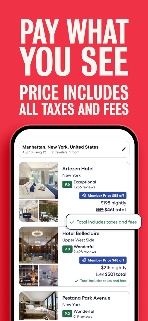 Écran de l'application mobile Hotels.com montrant des listes d'hôtels à Manhattan avec une bannière soulignant que le prix affiché comprend toutes les taxes et frais.