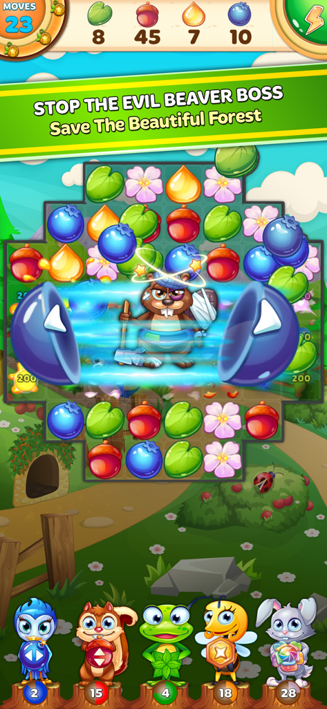 Forest Rescue: Match 3 Puzzle - A screenshot of Forest Rescue Match 3 Puzzle showing a battle against the Evil Beaver Boss with various forest animals at the bottom.