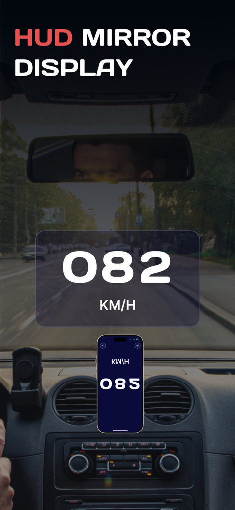 Smartphone reflecting real-time speed on a car windshield using HUD mode.