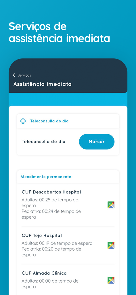 遠隔診察の予約と、さまざまな病院のリアルタイムの緊急患者待ち時間を表示するMy CUFアプリの画面。