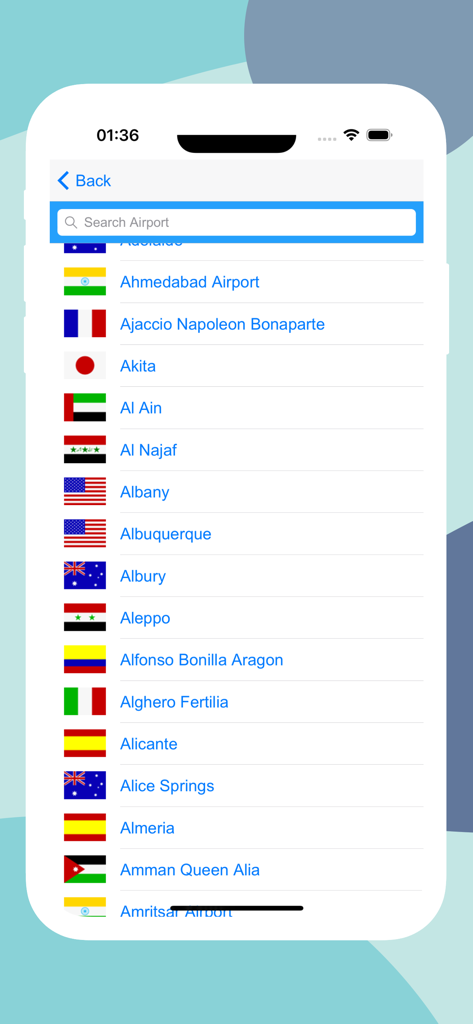 Lista de aeropuertos internacionales con banderas de países en la aplicación Ryanair Air Tracker.