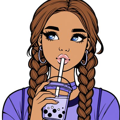 realistic girl with braided hair drinking boba