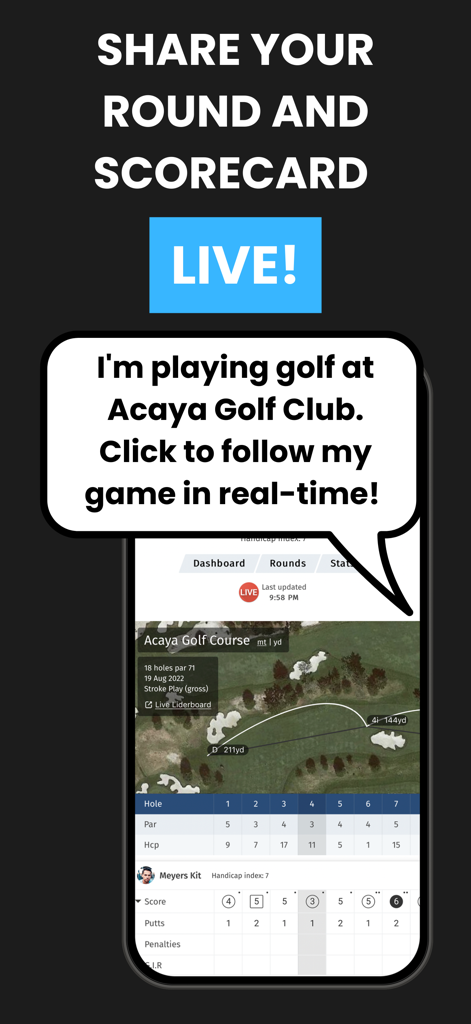 Golf Pad GPS Range Finder - 골프 패드 GPS 앱의 인터페이스는 실시간 라운드 및 스코어카드 공유 기능을 보여줍니다.