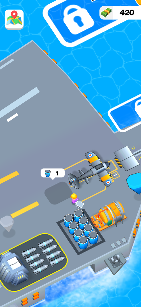 Idle Aircraft Carrier - Top down view of a fighter plane and military equipment on an aircraft carrier deck in the Idle Aircraft Carrier game