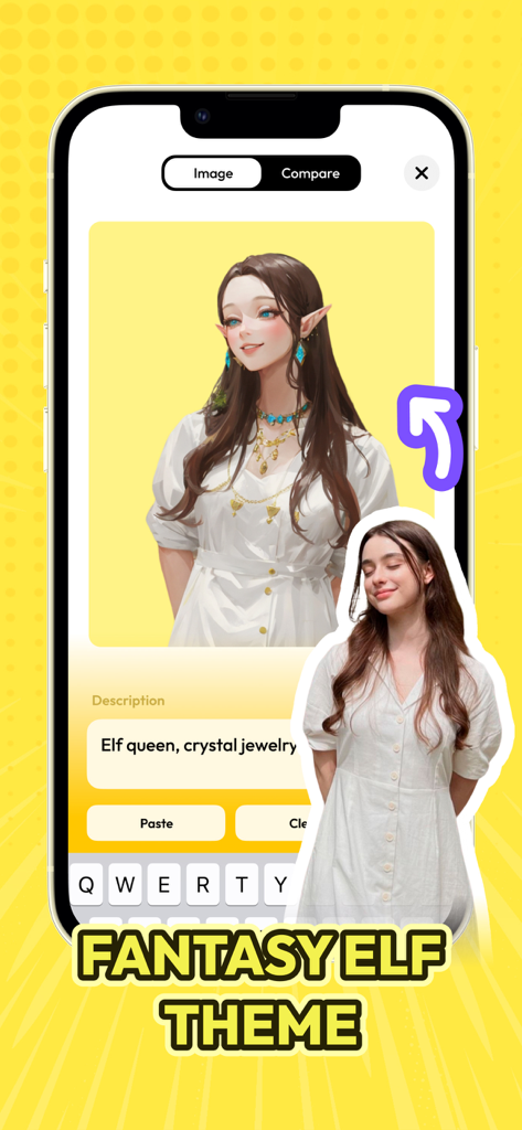 Une vraie photo d'une femme transformée en personnage d'anime elfe fantastique à l'aide d'un filtre IA.