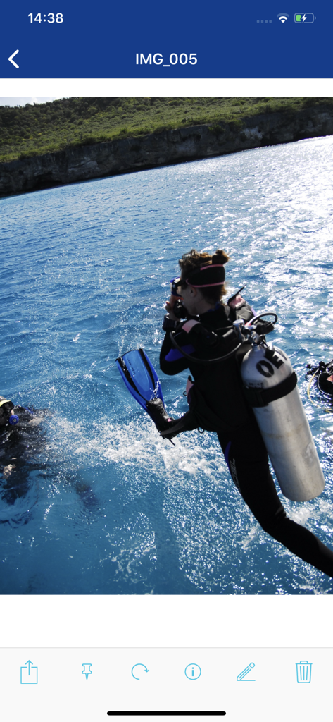 IONOS HiDrive app interface displaying a saved photo of a scuba diver jumping into blue water