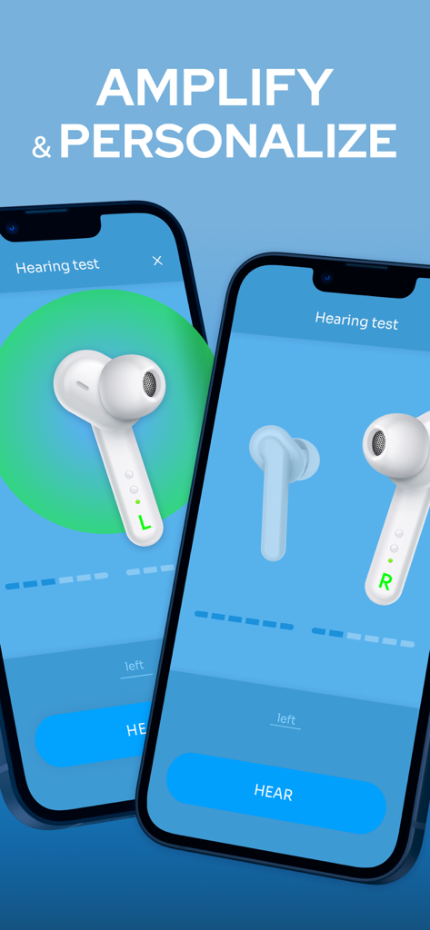 Hearing aid app interface showing sound personalization and hearing test features