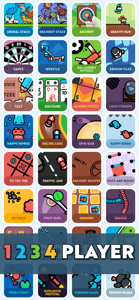 A collection of colorful mini game icons for up to four players in the app