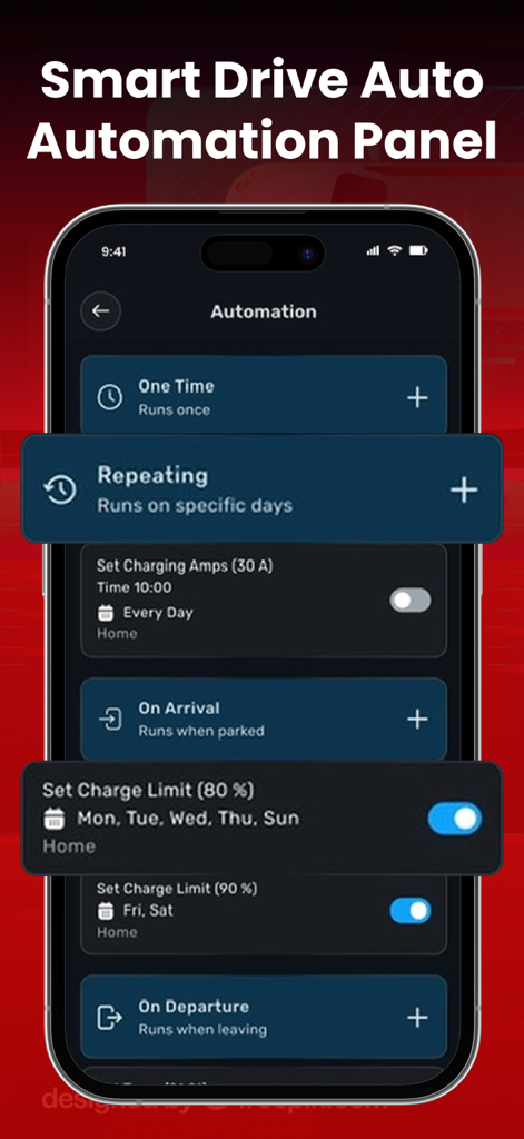 Tesla App – Elvee - Panel de automatización inteligente de conducción de la aplicación Tesla Elvee con horarios personalizados de carga y límite de batería
