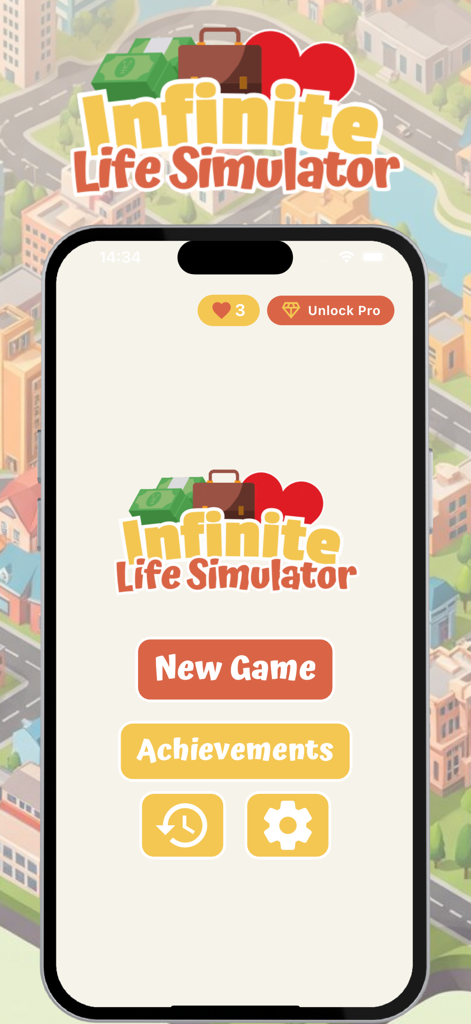 Infinite Life Simulation - Menú principal de la aplicación móvil Simulación de Vida Infinita que muestra los botones Nuevo Juego y Logros