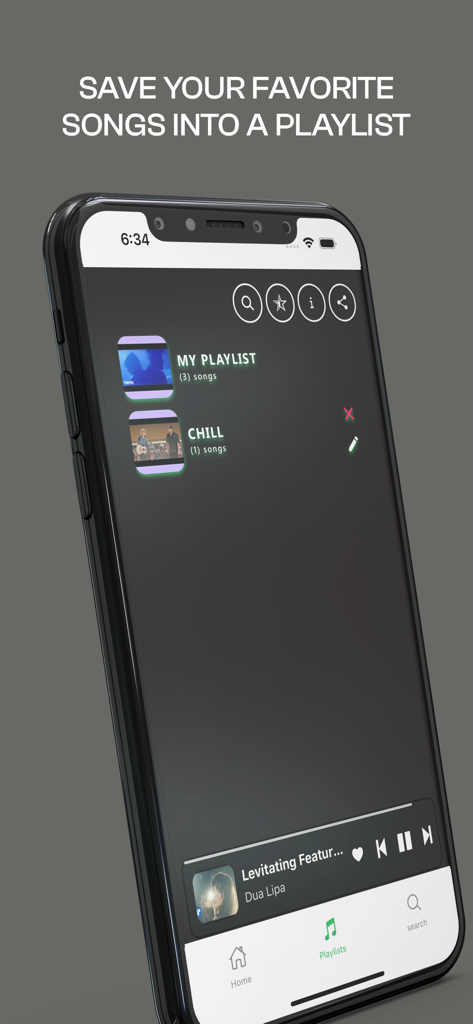 Music Player ‣ Video Streaming - Interfaz de smartphone de una aplicación de streaming de música que muestra listas de reproducción personalizadas y la canción que se está reproduciendo actualmente