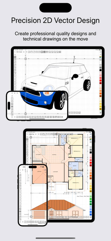 iDesign - iDesign app showcasing 2D vector car illustrations and architectural floor plans on iPad and iPhone.