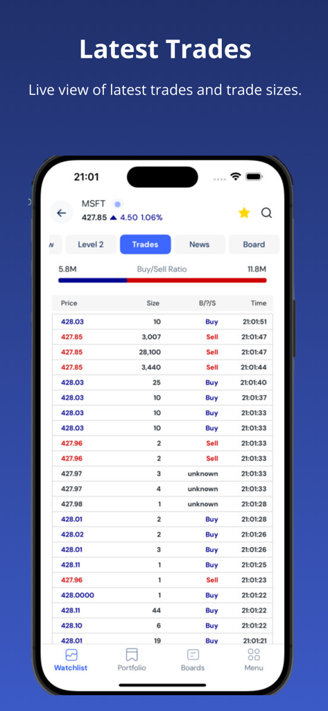 ADVFN app screen showing live trades and trade sizes for MSFT stock