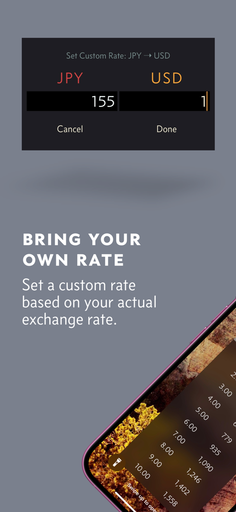 Benutzeroberfläche zum Festlegen eines benutzerdefinierten Wechselkurses zwischen Japanischen Yen und US-Dollar in der Elk App