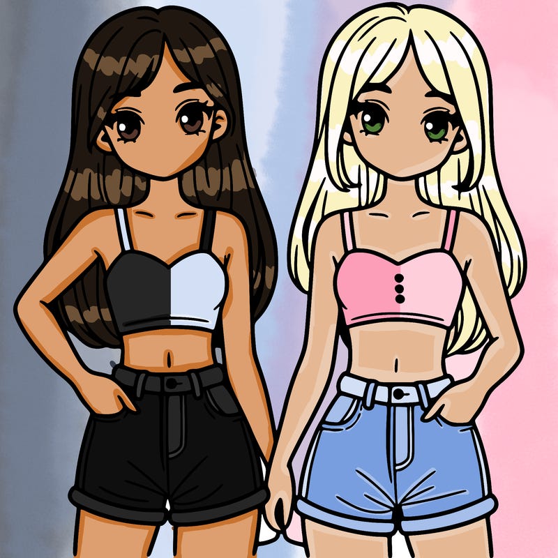 two sisters with crop tops and jean shorts and straight hair