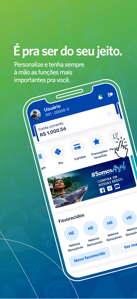 Banestes - Banestes banking app home screen showing account balance and customizable transaction shortcuts.