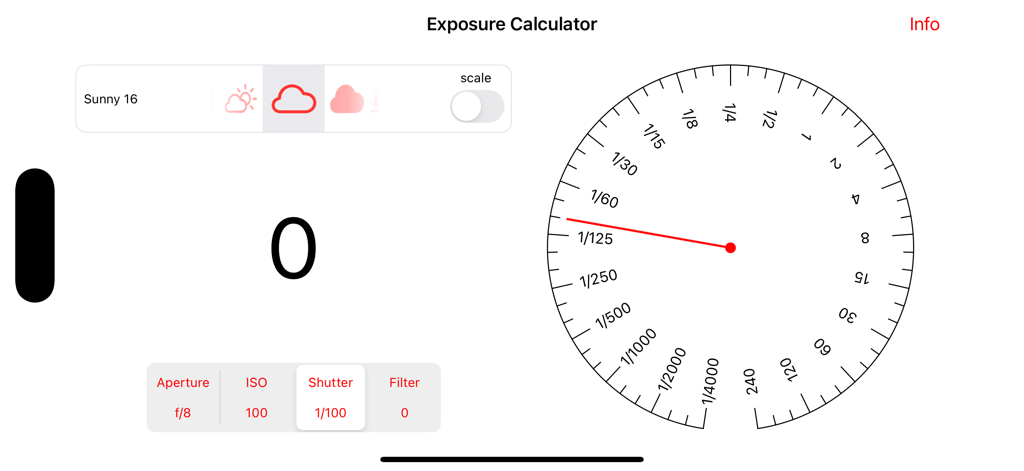 Exposure Equivalence - Belichtungsgleichwertigkeits-App-Oberfläche, die das Einstellrad für die Verschlusszeit und die Sunny 16-Belichtungseinstellungen zeigt