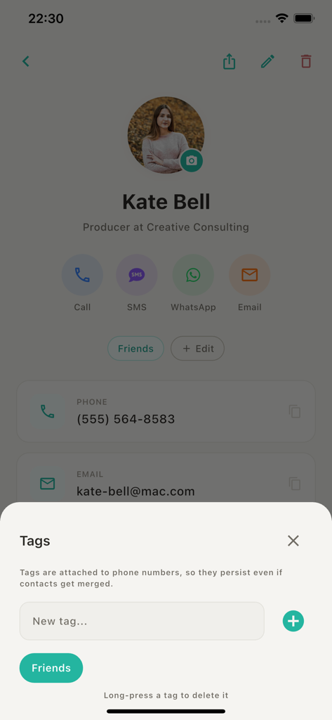 Tidy - Contacts Manager - Contact profile screen showing a tags management modal in the Tidy app